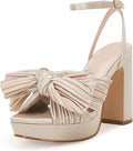 VETASTE Women's Pleated Bow Knot Platform Heeled Sandals - Bridal 4