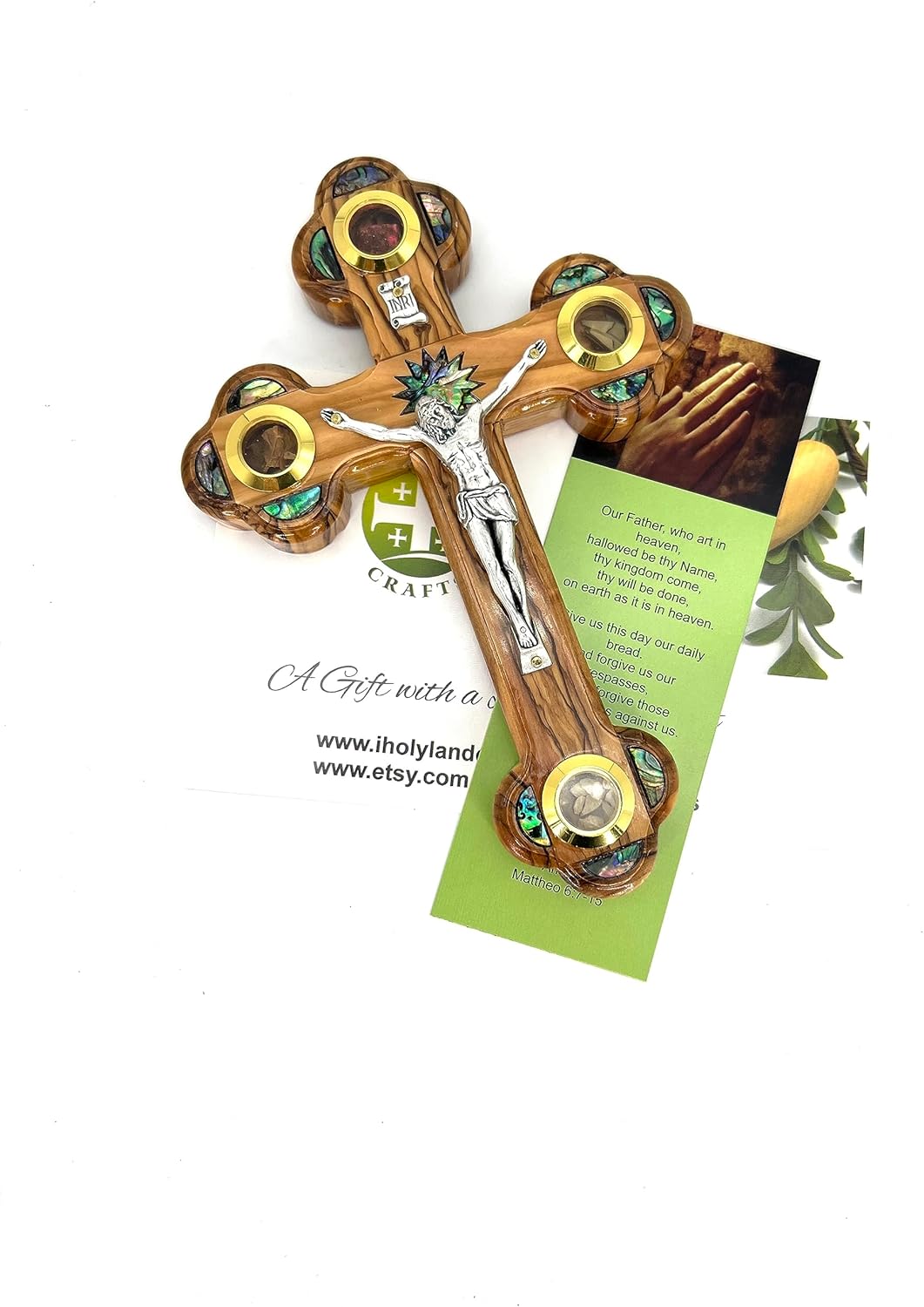 7 Inch Olive Wood Crucifix Wall Cross with Mother of Pearl