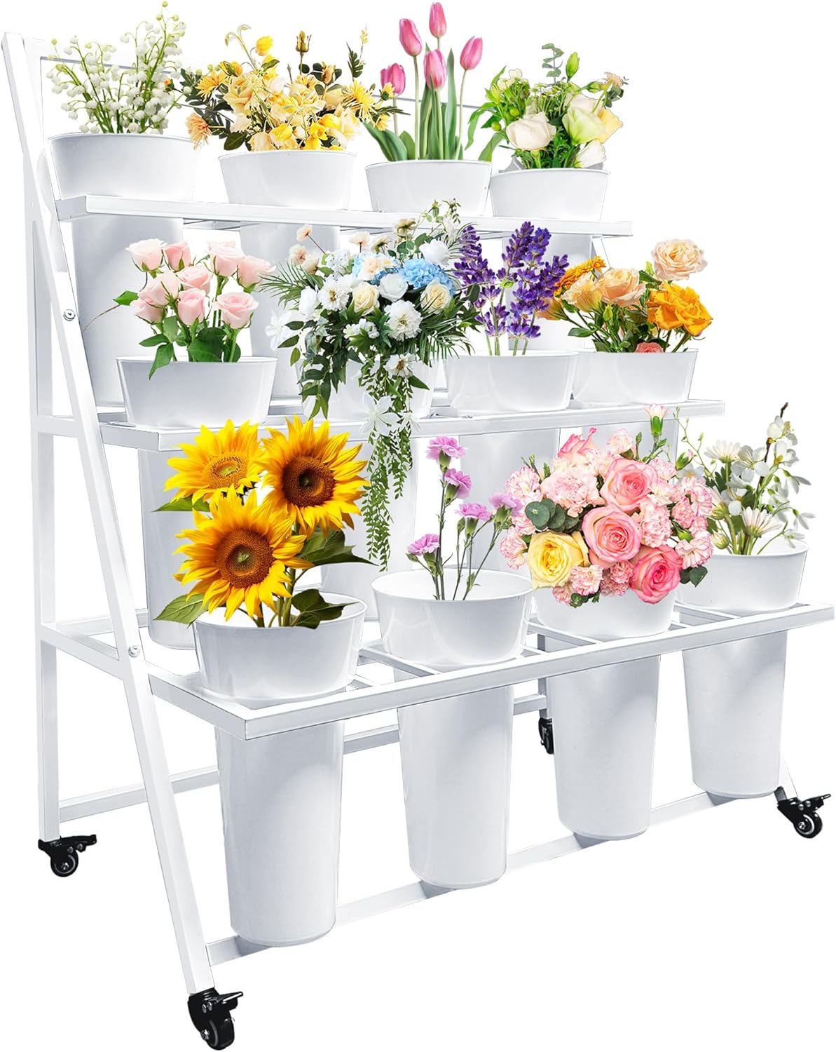 Elegant 3-Tier Flower Display Stand with 12 Buckets on Wheels