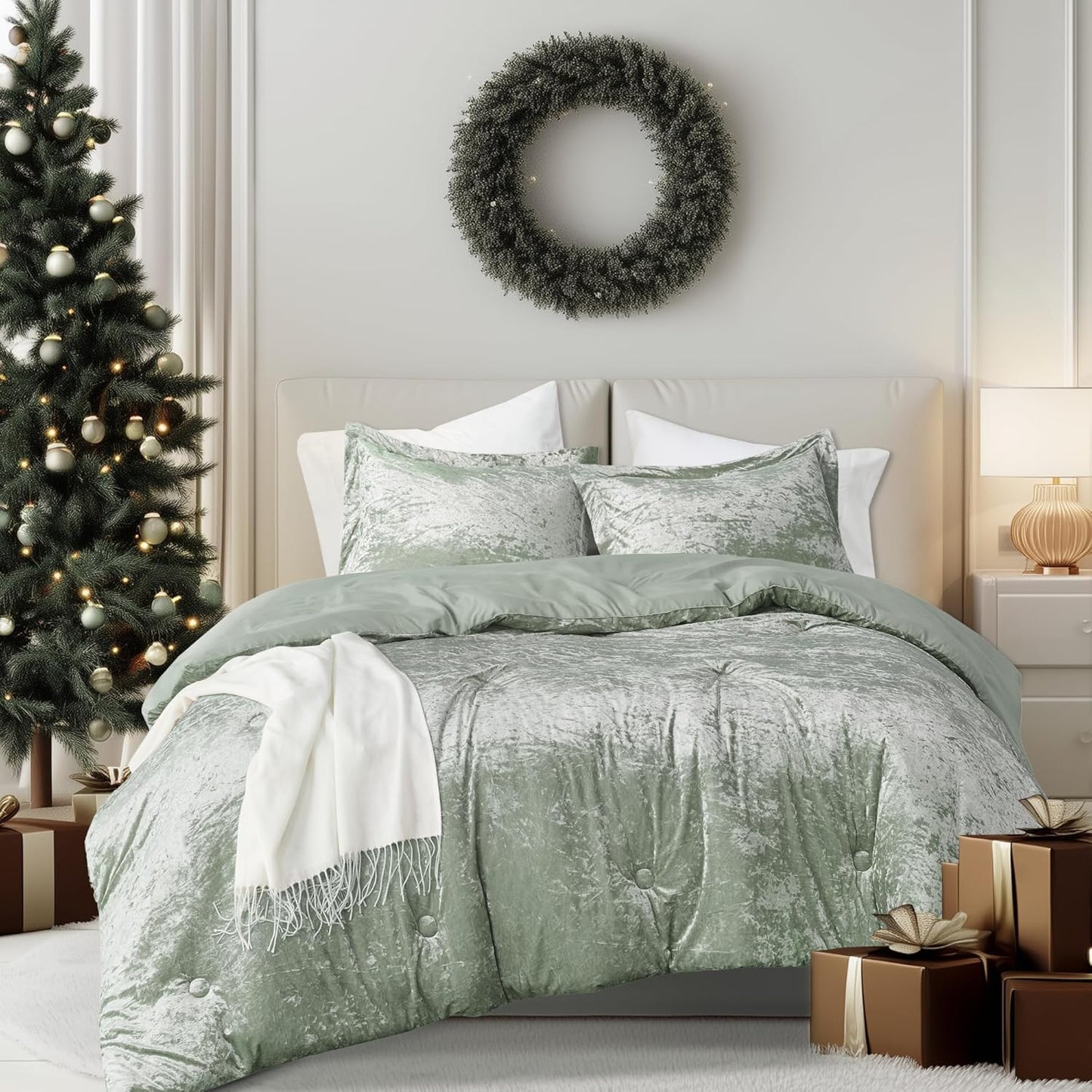 Luxurious Velvet Comforter Set for Queen Size Bed - Sage Green