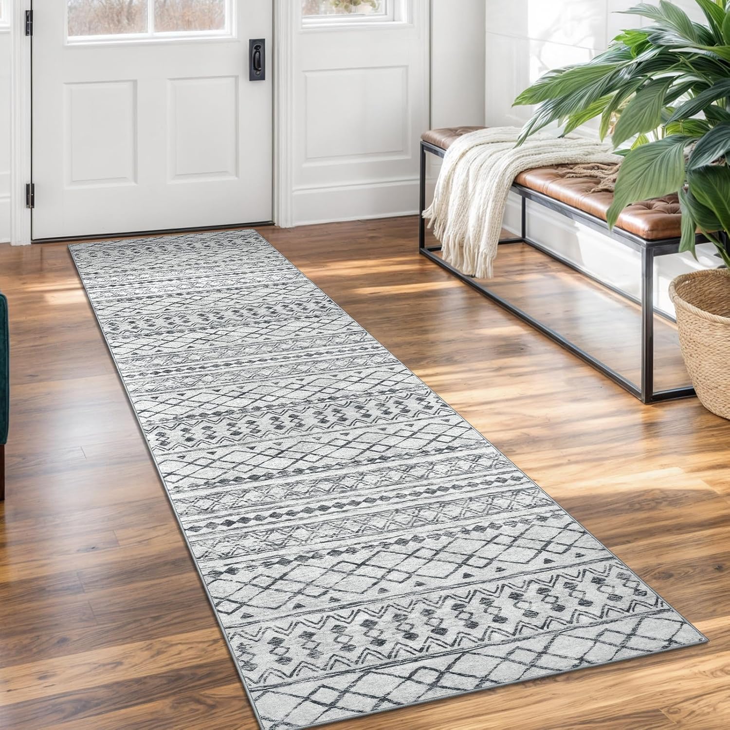 KUTA Moroccan Washable Kitchen Rug - Vintage Grey Boho Runner