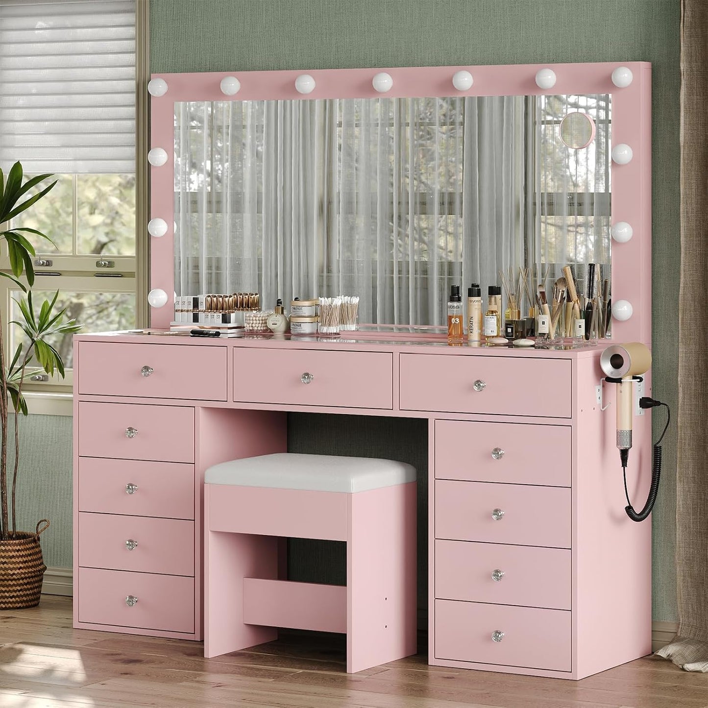11 Drawers Makeup Vanity with Charging Station and LED Bulbs