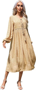 R.Vivimos Long Sleeve Floral Bohemian Midi Dress - Flowy V Neck Casual