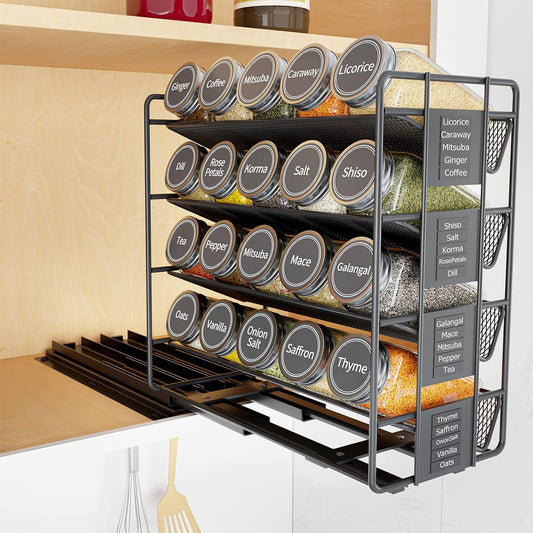 SpaceAid Pull Out Spice Rack Organizer with 20 Jars and Labels