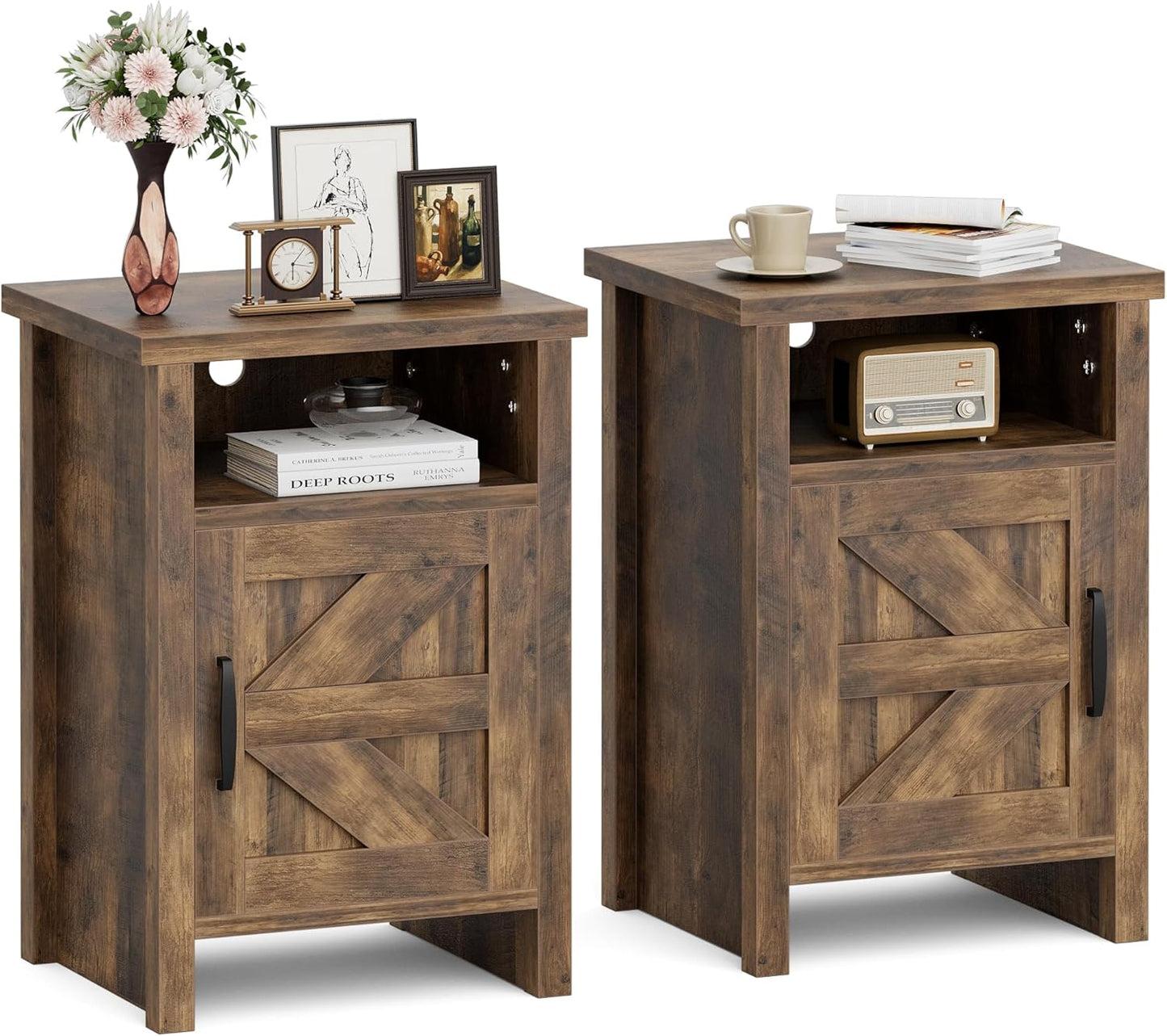 JUMMICO Farmhouse Nightstand Set of 2 with Barn Door Design