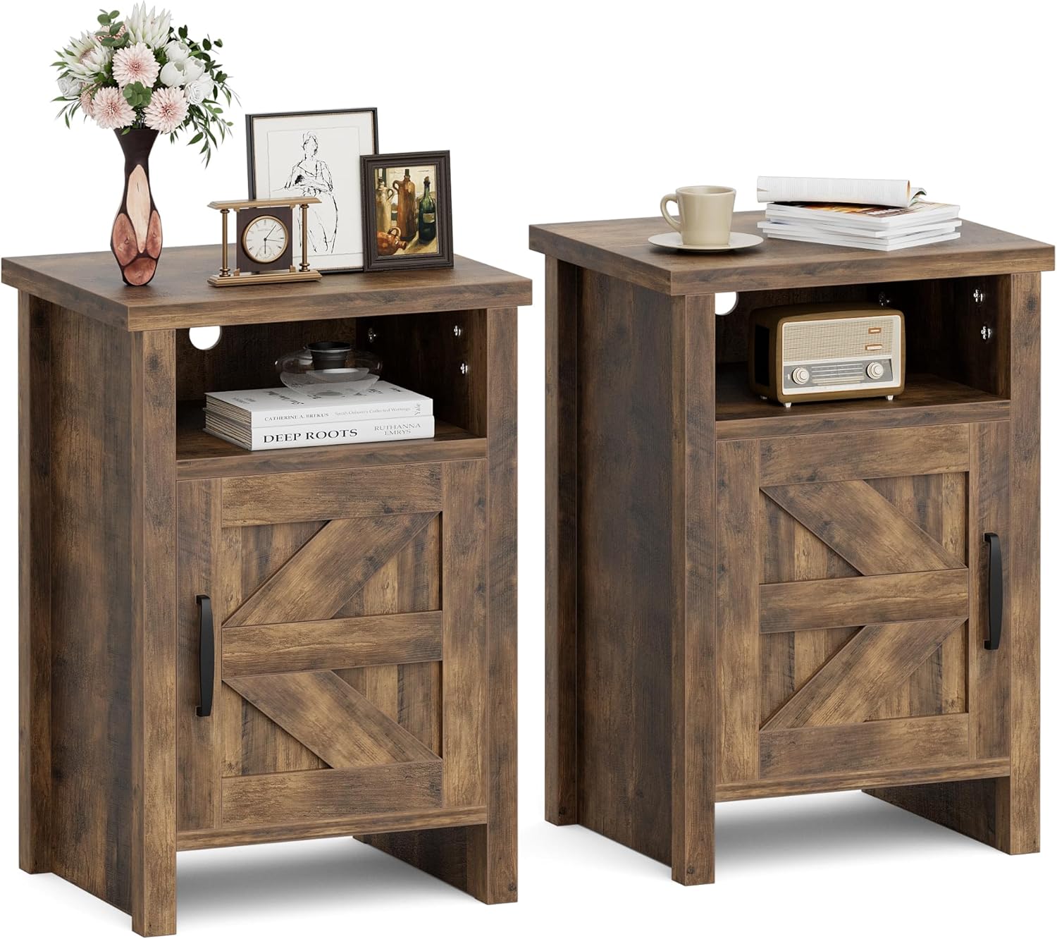 JUMMICO Farmhouse Nightstand Set of 2 with Barn Door Design