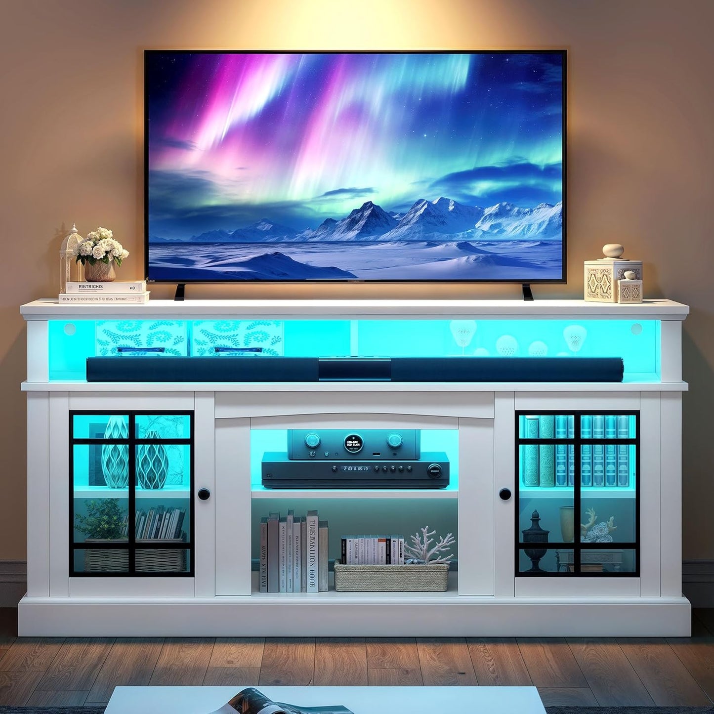 DWVO White 75 TV Stand: Modern, LED, Adjustable Shelves