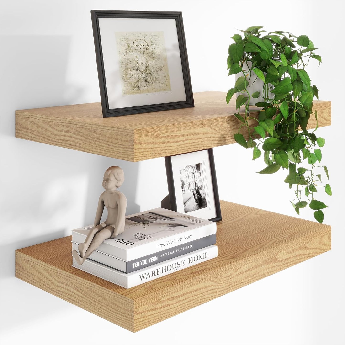 Deep Floating Shelves for Wall Decor - Set of 2 Oak Shelves