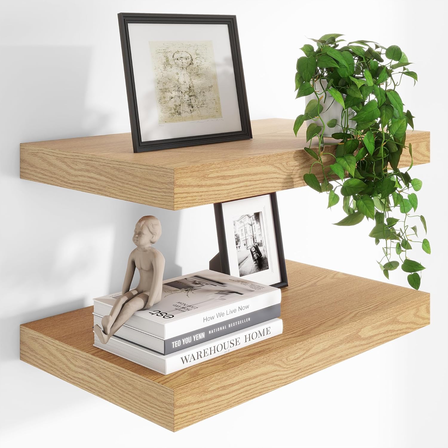 Deep Floating Shelves for Wall Decor - Set of 2 Oak Shelves