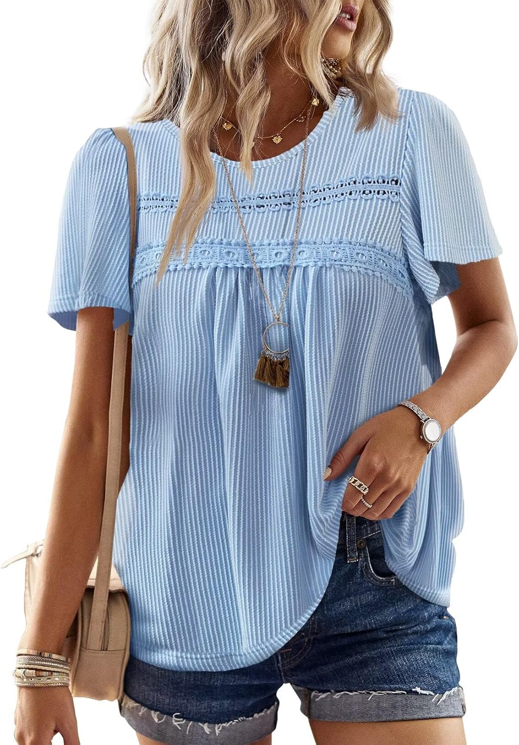 Womens Summer Tops Crewneck Short Sleeve Striped Shirts Casual