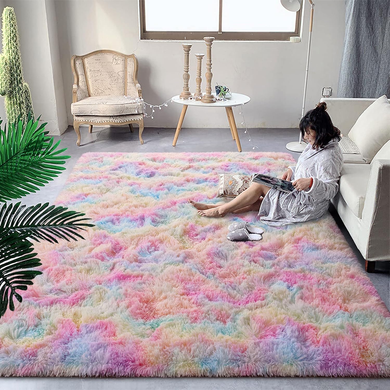 DweIke Fluffy Rainbow Rugs for Bedroom and Living Room Decor