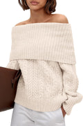 Womens Off The Shoulder Cable Knit Sweater - Chunky Oversized Pullover