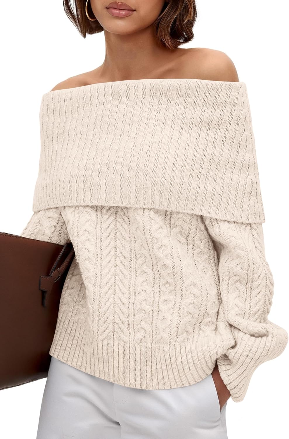 MASCOMODA Womens Off The Shoulder Cable Knit Sweater for Fall