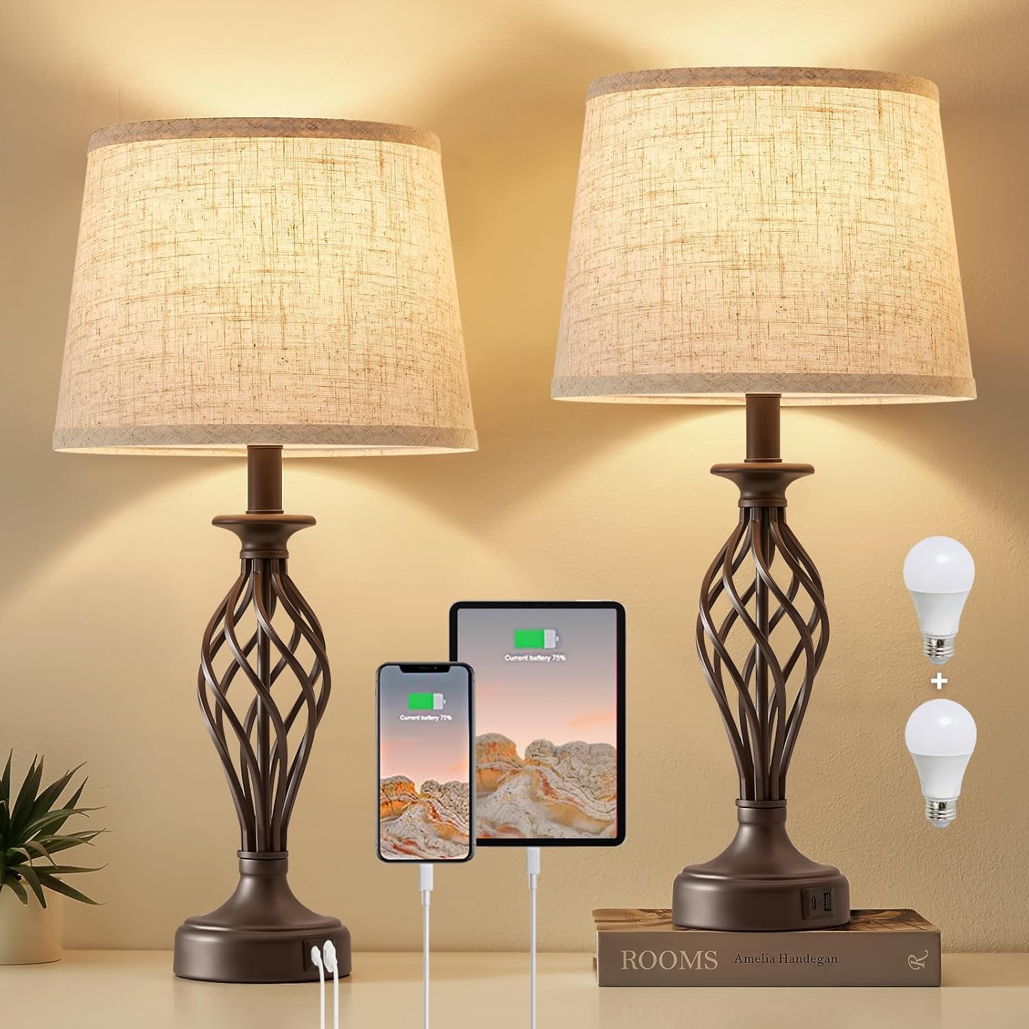 Modern Table Lamp Set of 2 with USB Ports for Bedroom Use