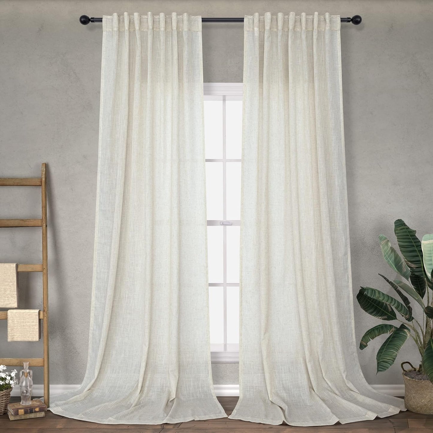 Natural Linen Back Tab Curtains 108 Inches Long for Living Room