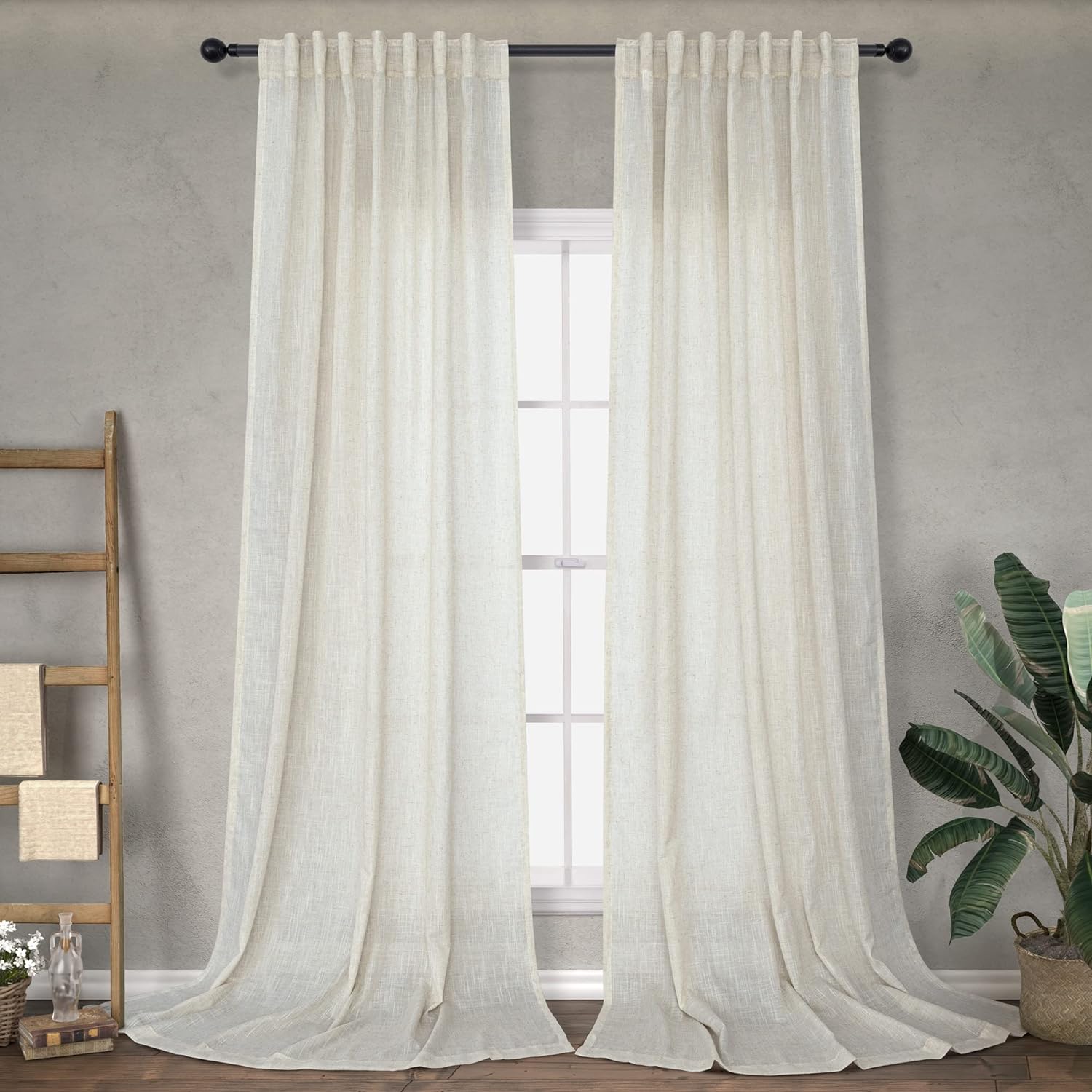 Natural Linen Back Tab Curtains 108 Inches Long for Living Room