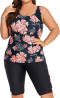 Women's Plus Size Tummy Control Tankini Set with Knee-Length Shorts