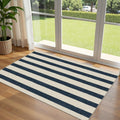 Blue and White Striped Entry Rug 3x5 ft - Washable Indoor Outdoor Mat