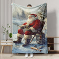Christmas Santa Fishing Blanket Red Cozy Snow Scene Throw - Holiday