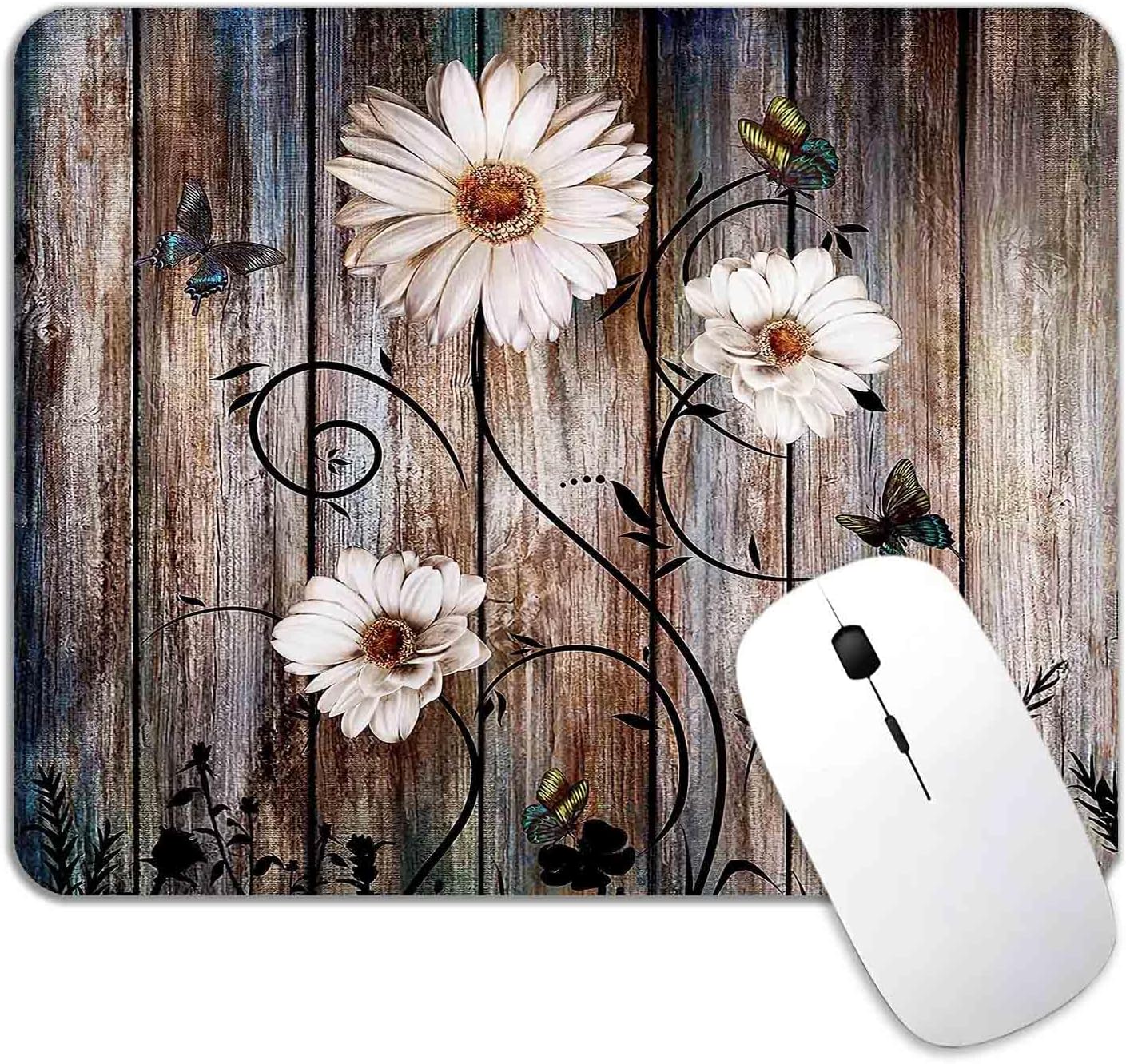 Rustic White Flower Mouse Pad - Waterproof Anti-Slip Base - 9.5x7.9 inch