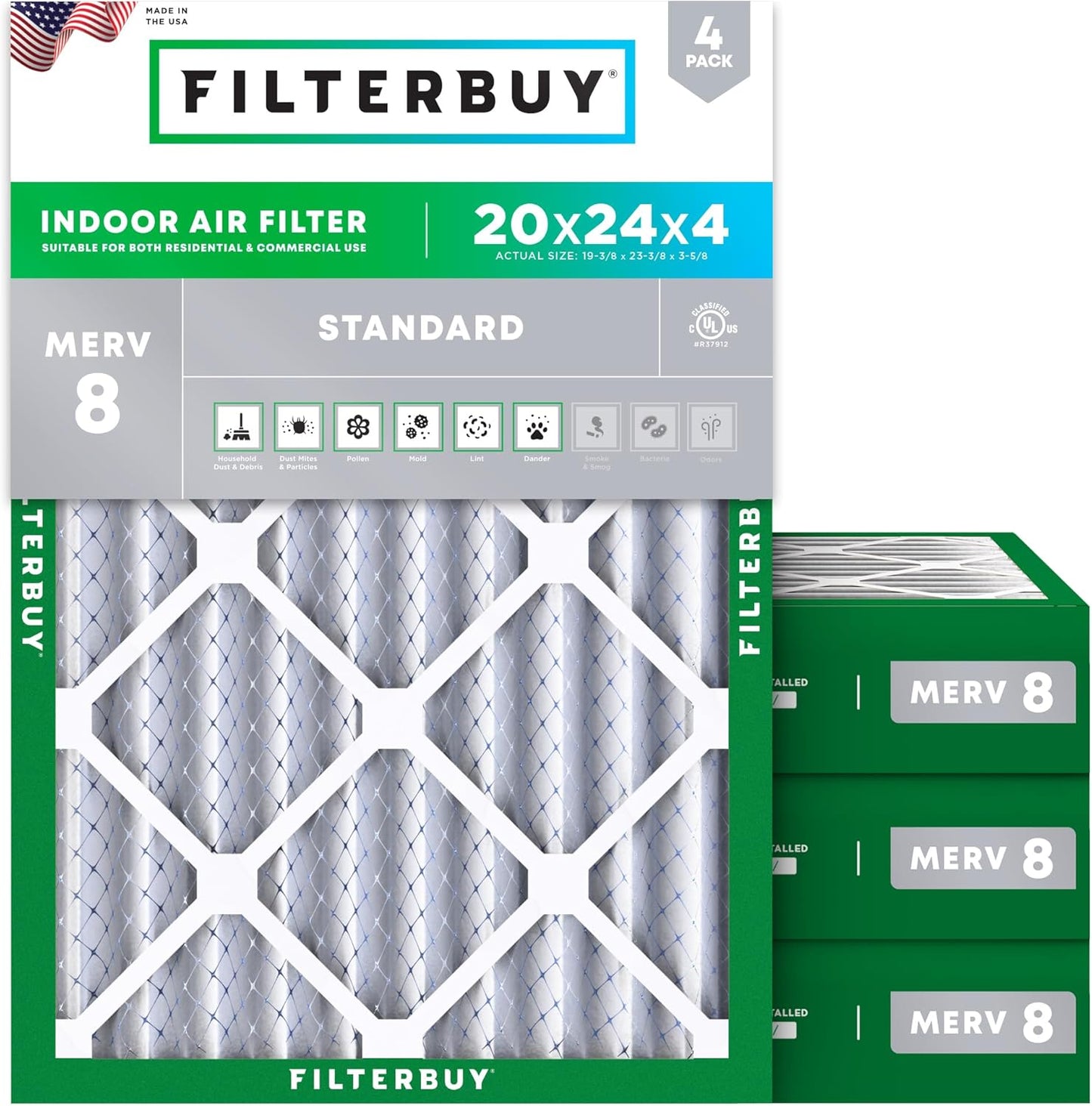 20x24x4 Air Filter MERV 8 for Dust & Allergy Defense - 4-Pack