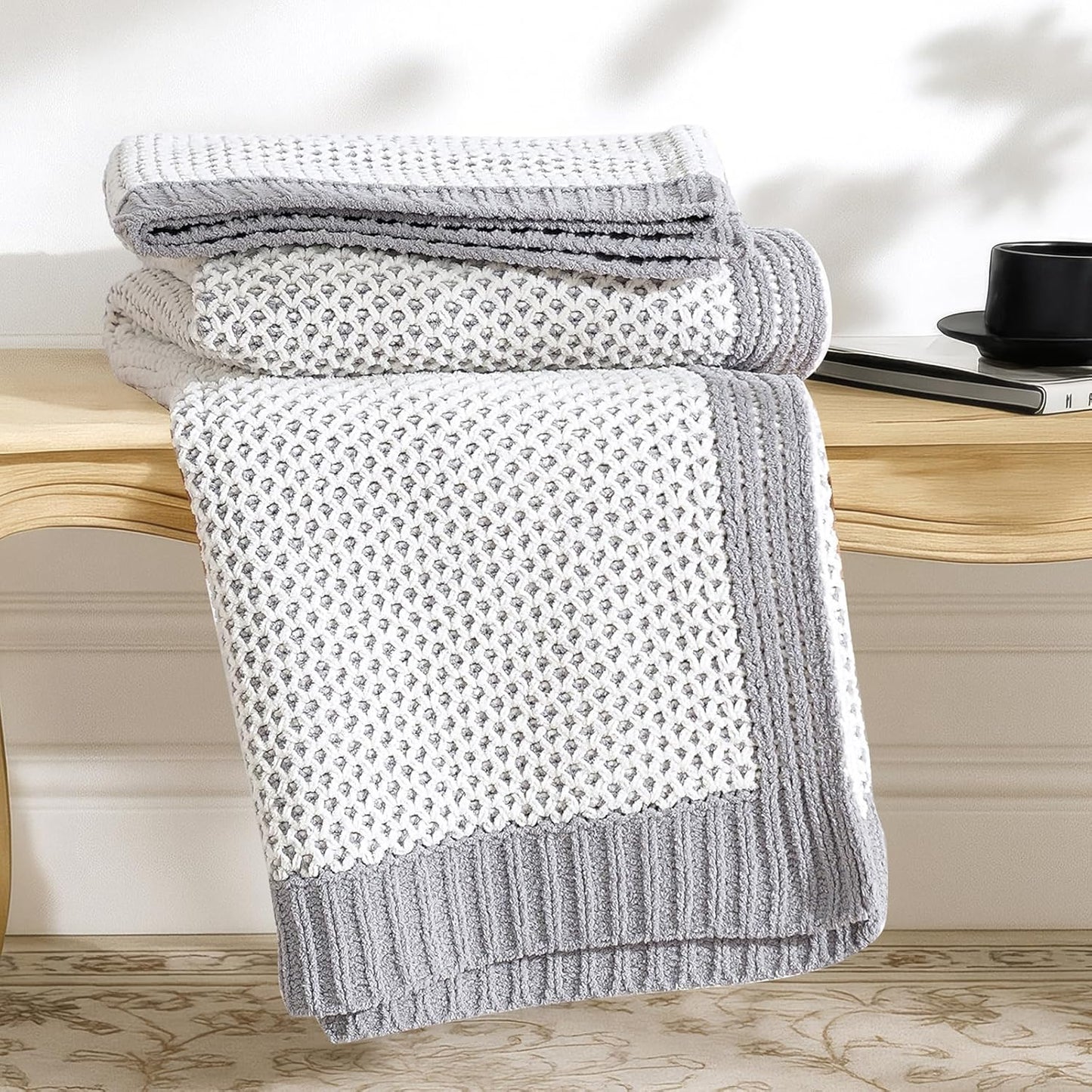 Honeycomb Knit Throw Blanket for Couch - Soft Chenille Comfort