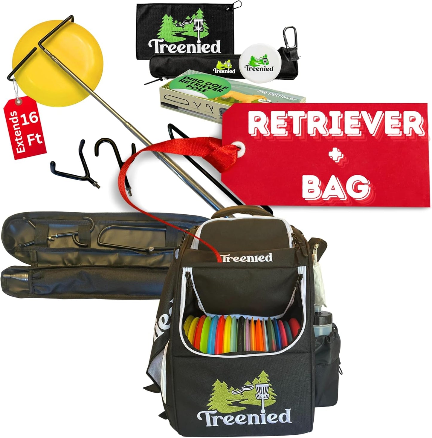 Ultimate 16ft Disc Golf Retriever | 3 Hooks, Towel, Case | Treenied