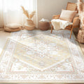 5x7 Area Rug Low Pile Vintage Print - Cream Light Yellow