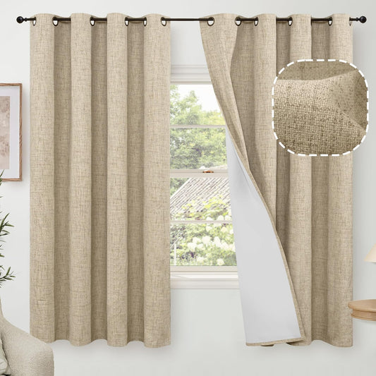 60 Inch Wide Linen Blackout Curtains for Bedroom - Total Blackout