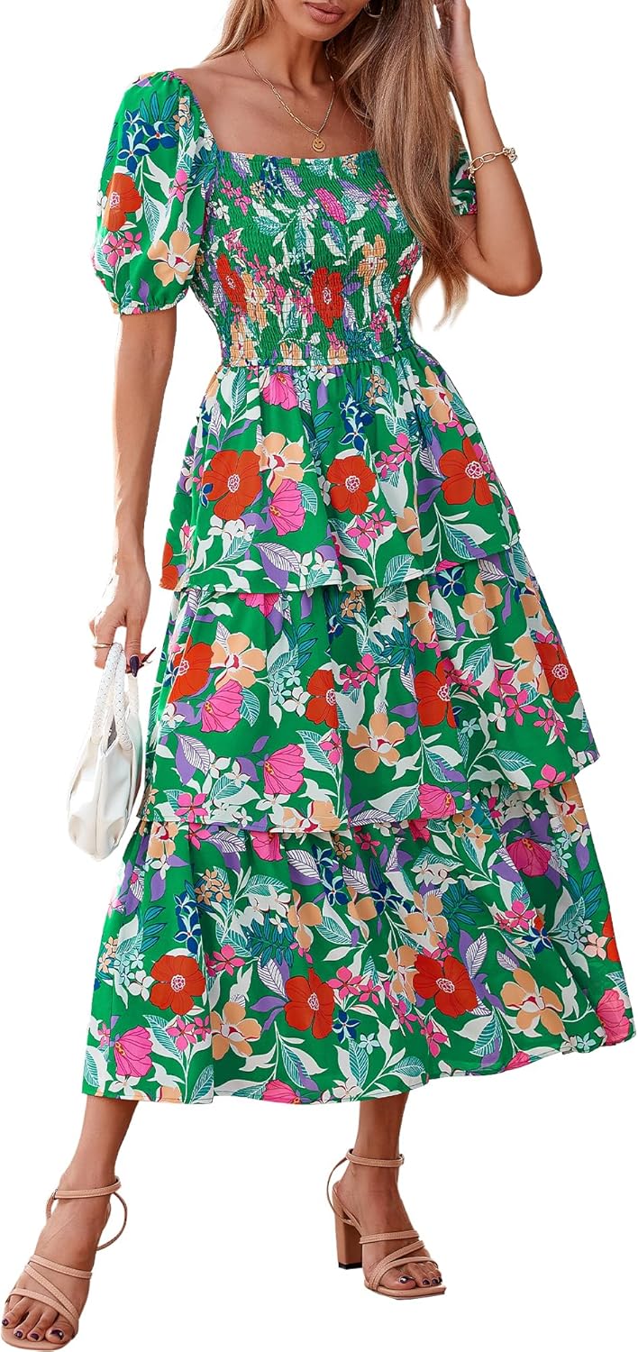 BTFBM Womens Square Neck Smocked Dress for Summer Events