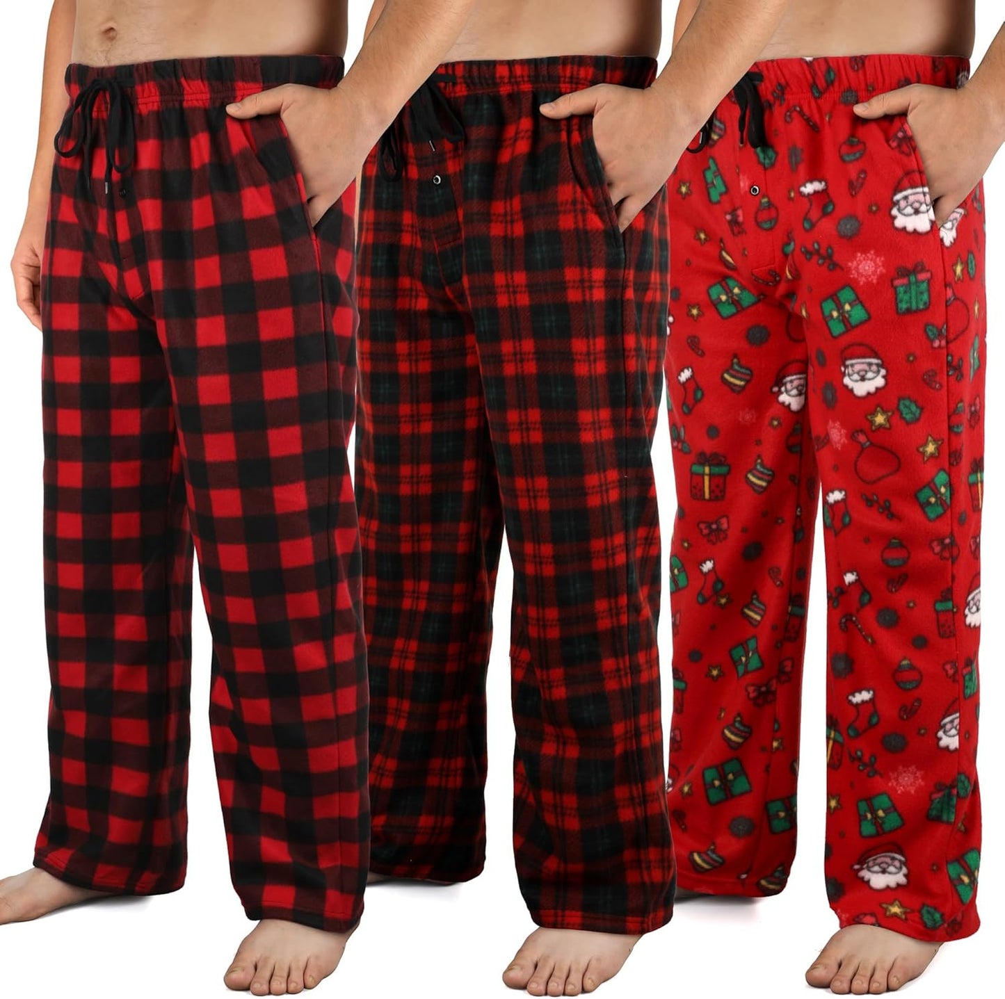 Microfleece Mens Pajama Pants 3 Pack with Pockets & Drawstring