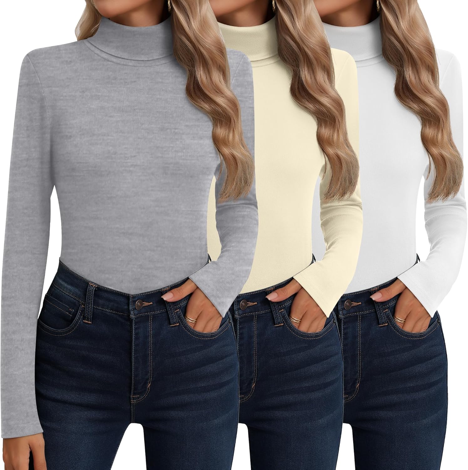 Neer 3 Pack Cotton Women's Turtleneck Long Sleeve Tops