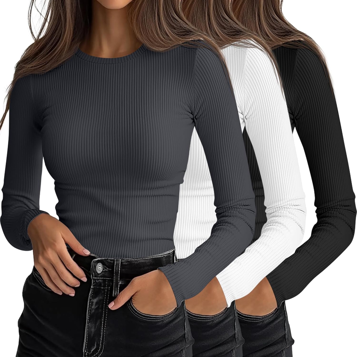 Ficerd Women's Ribbed Long Sleeve Tops for Casual Layering