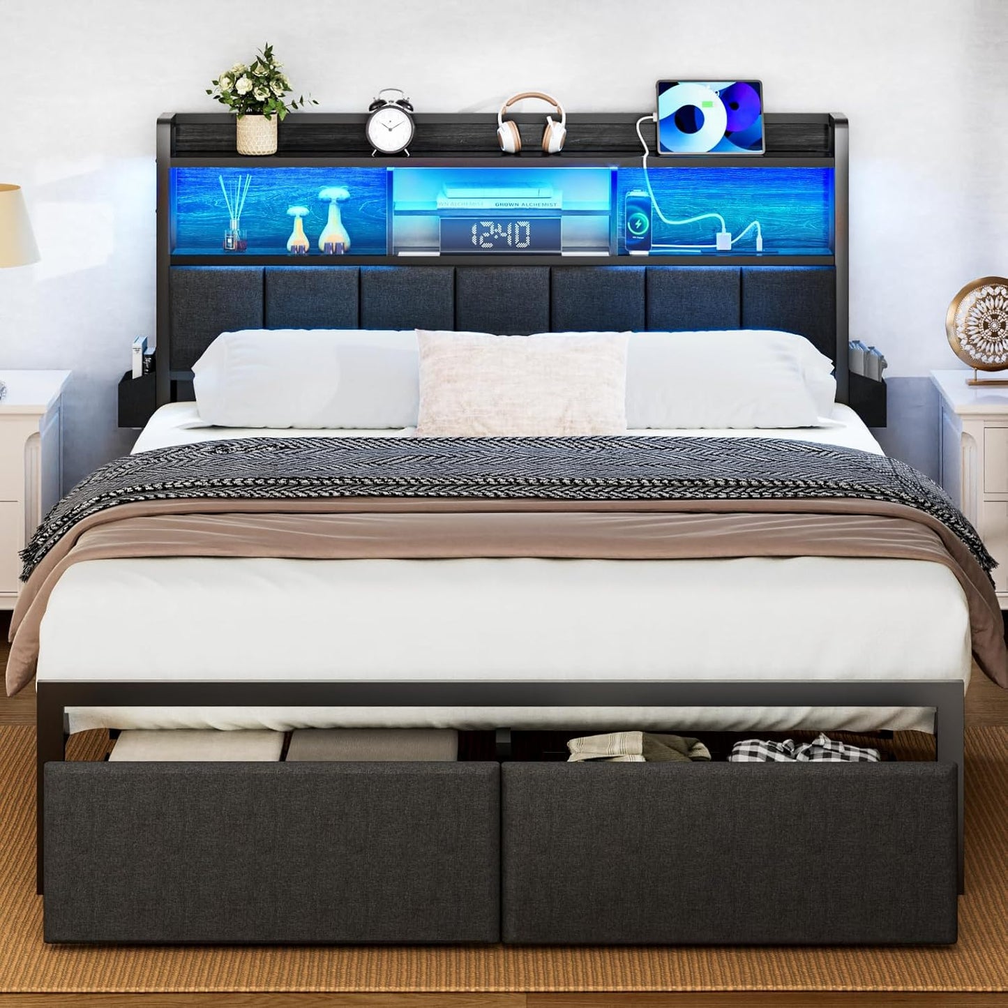 Furnulem Queen Bed Frame with Storage and LED Lights Features