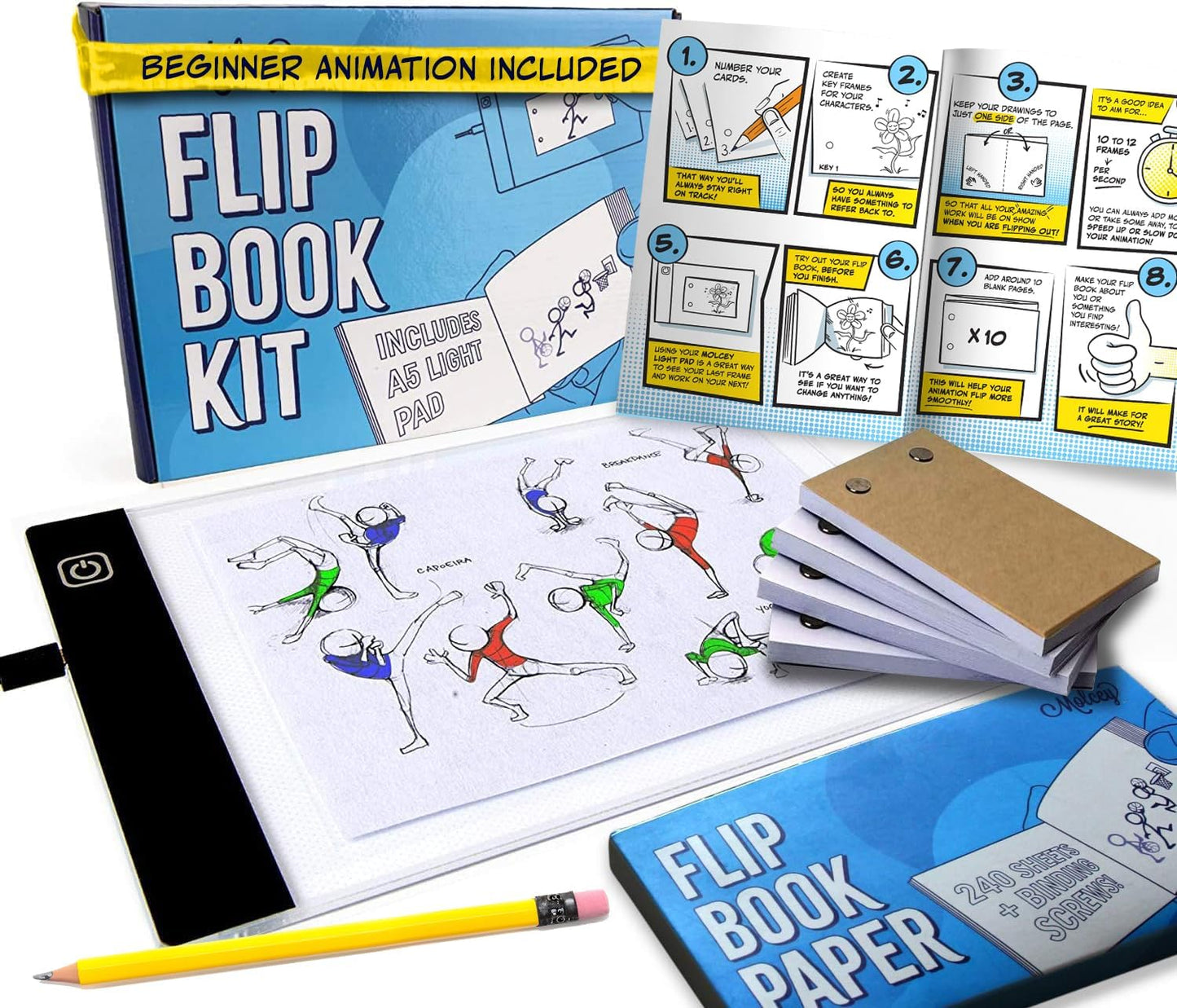 240 Sheet Flip Book Kit: LED Light Pad, Animation Paper, Tracing Screws
