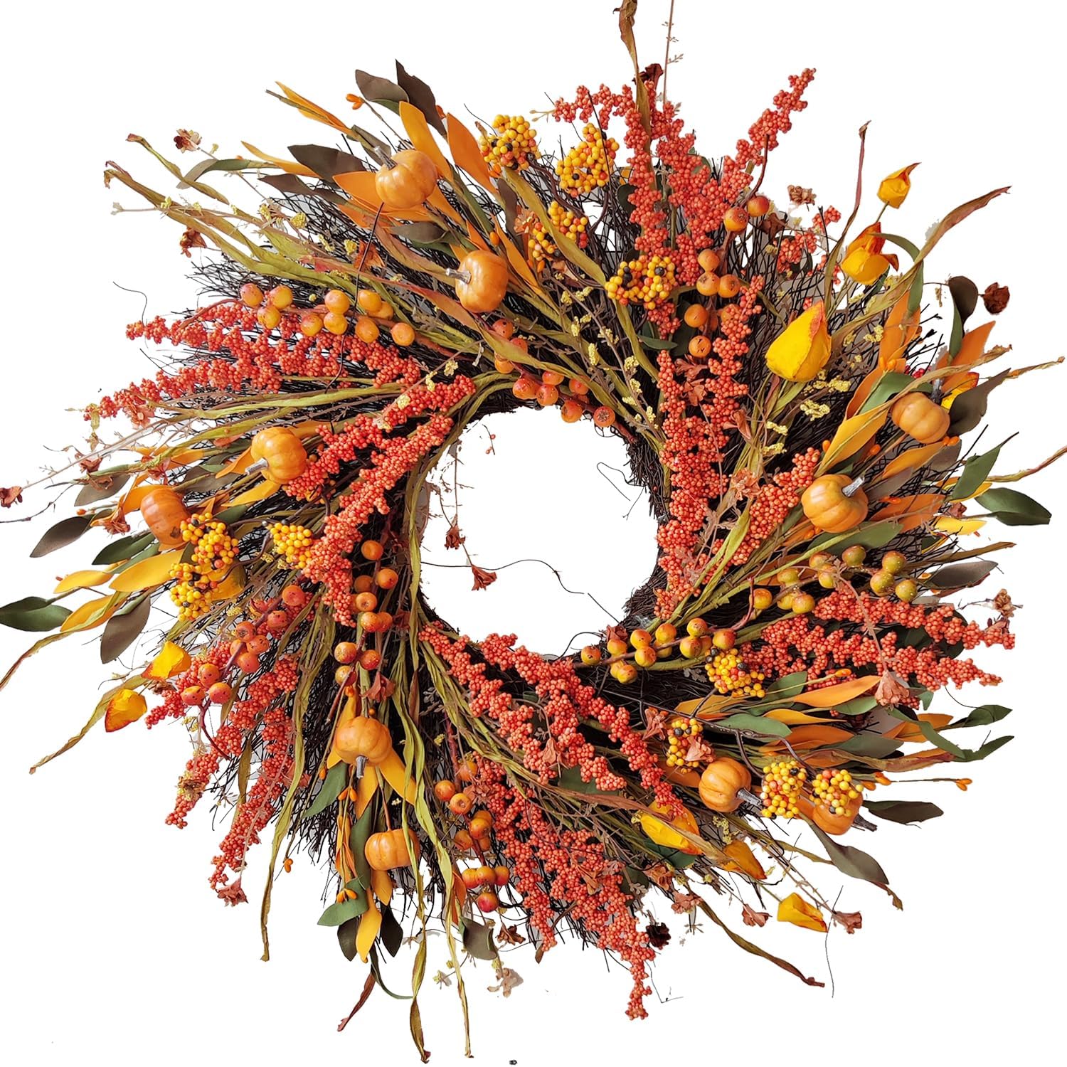 24 Inch Fall Wreath Decor for Front Door with Pumpkins and Berries