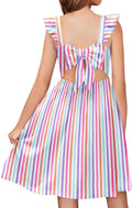 Girls Square Neck Ruffle Sleeve Tie Back Midi Dress - With Pockets