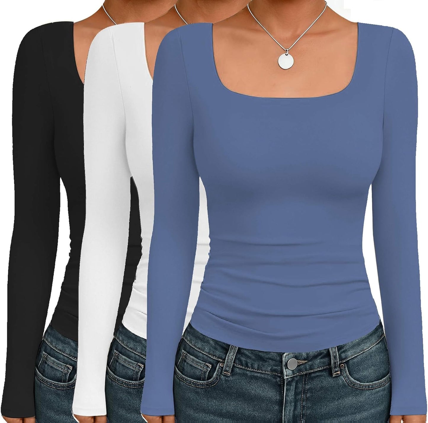Ekouaer Womens Long Sleeve Square Neck Thermal Shirts 3 Pack