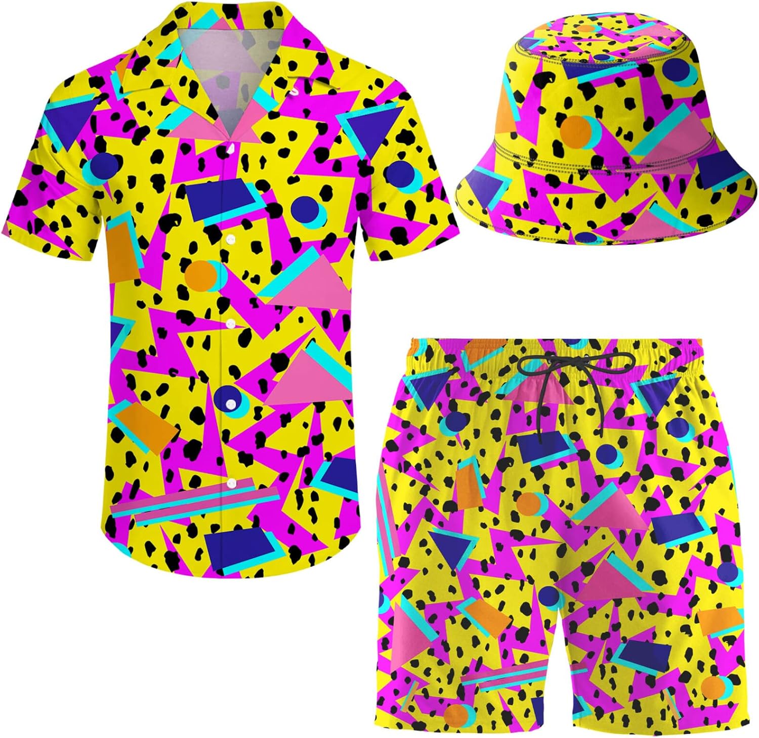 Men's Hawaiian Shirt and Shorts Set with Bucket Hat for Summer