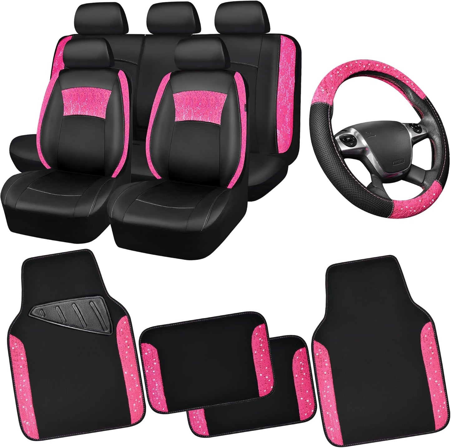 CAR PASS Universal Leather Pink Lace Car Seat Covers Full Set