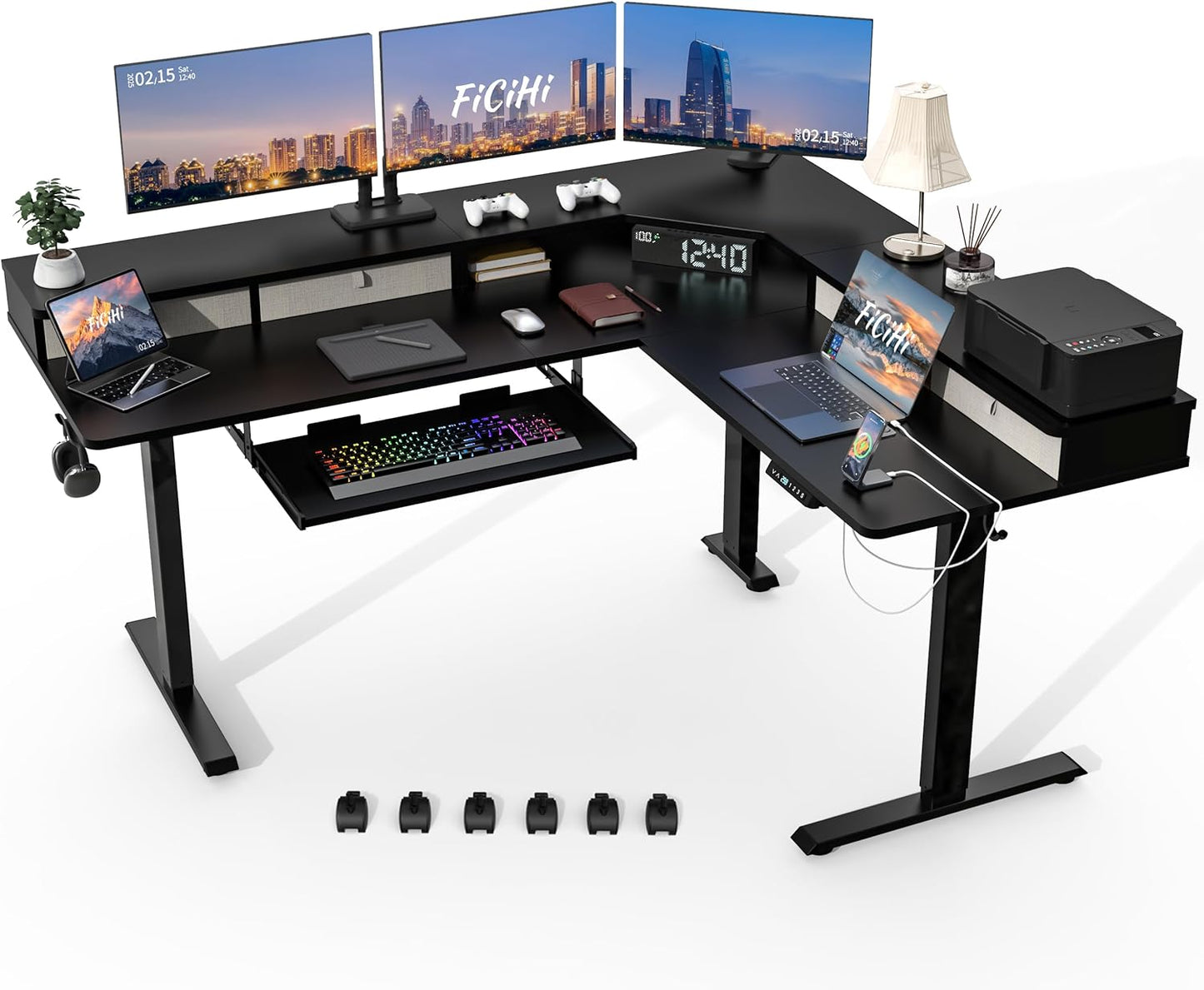 Electric L-Shaped Standing Desk - Adjustable Height with Drawers