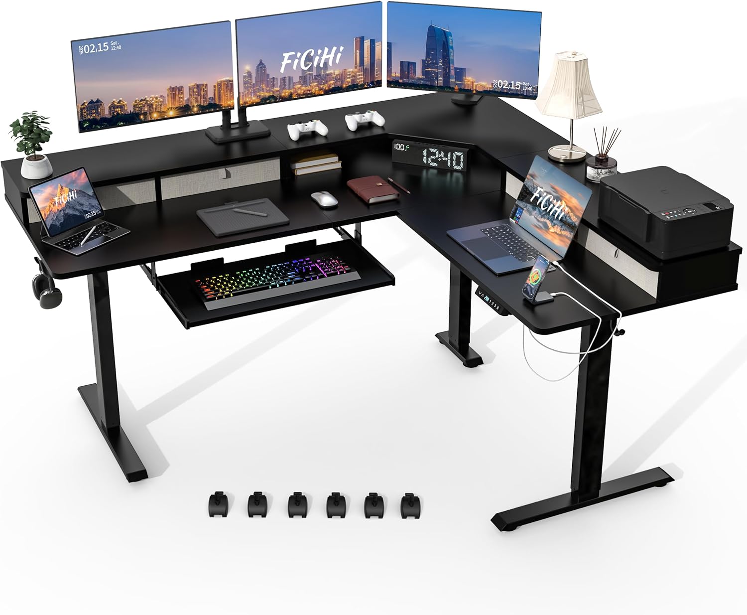 Electric L-Shaped Standing Desk - Adjustable Height with Drawers