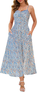 Women 2025 Ruched Floral Maxi Dress - Adjustable Spaghetti Straps