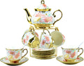 20 Pieces Porcelain Tea Set With Metal Holder - Large Floral Set