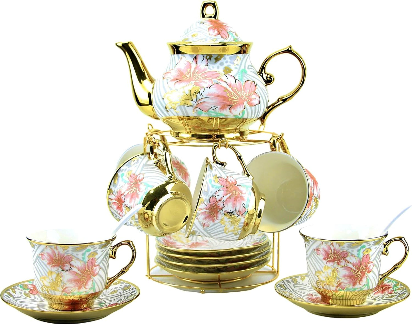 20 Pieces Porcelain Tea Set With Metal Holder for Elegant Tea Time