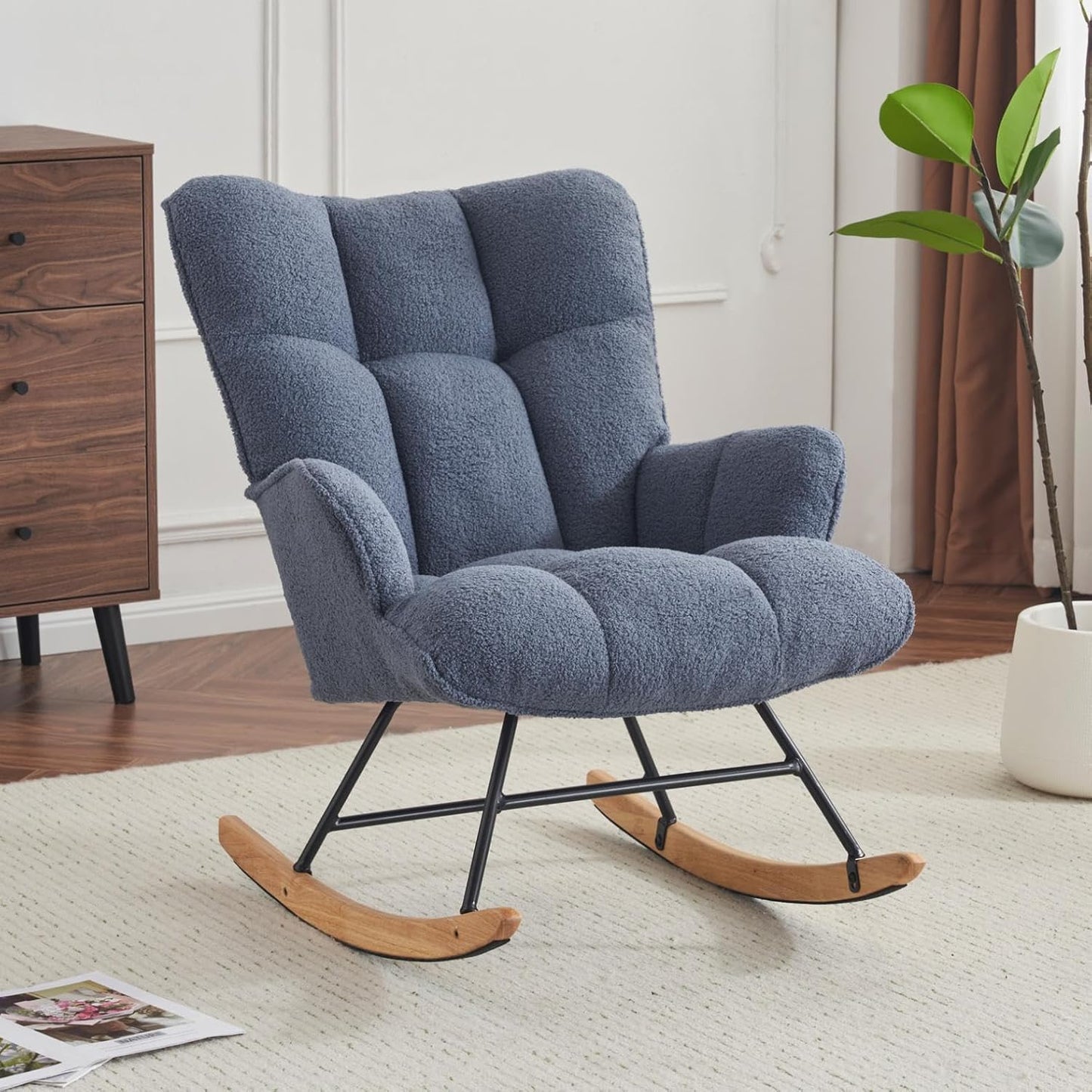 Ergonomic Rocking Chair Nursery Teddy Upholstered Glider Rocker