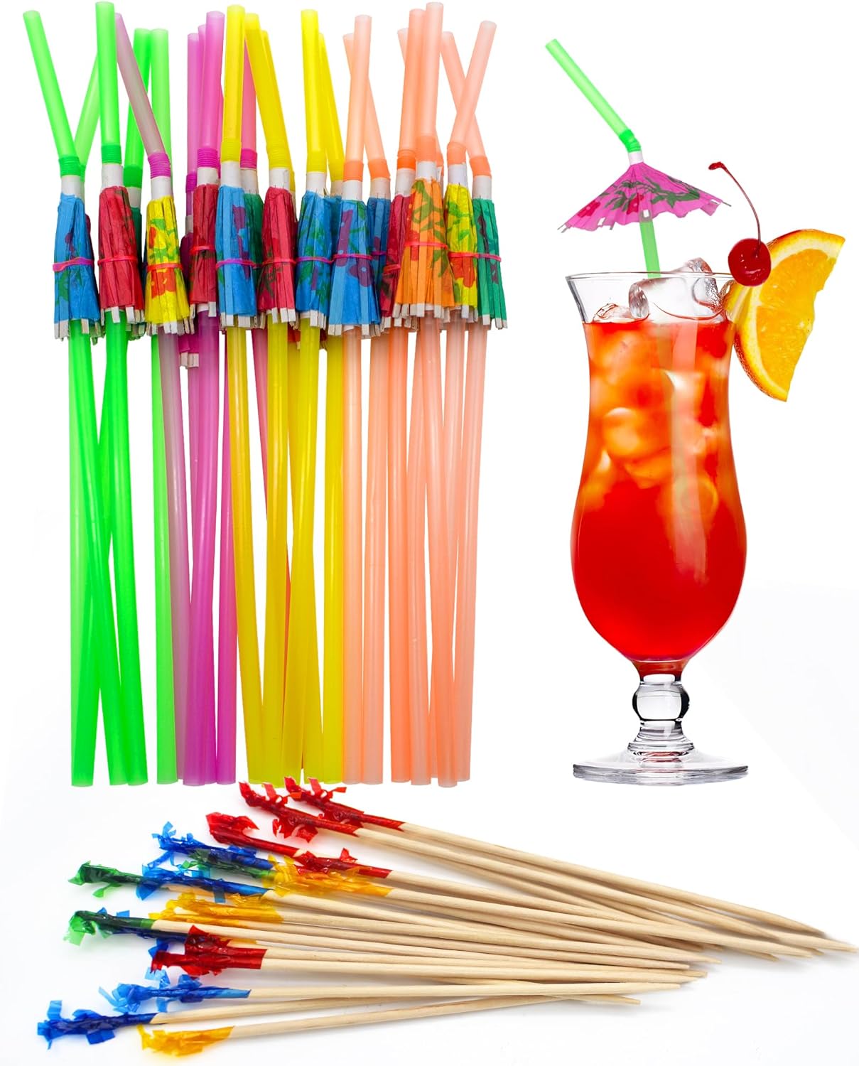 400 Cocktail Picks & 50 Drink Umbrella Straws Set - Create Festive Drinks!