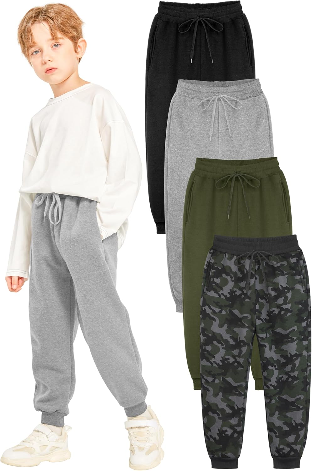 Boys' Fleece Sweatpants 4 Pack Athletic Jogger Pants with Pockets