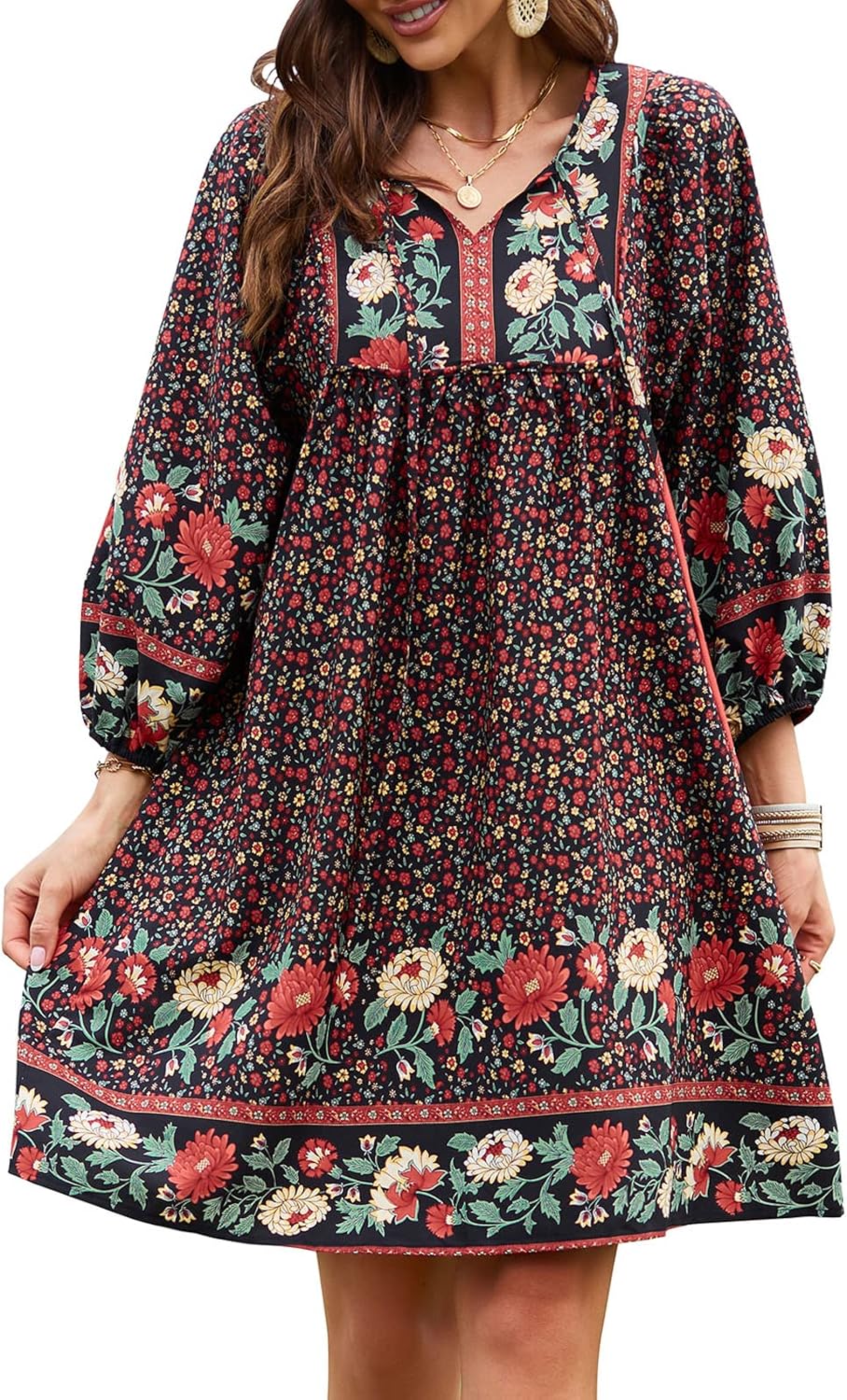 Qearal Womens Casual V Neck Boho Floral Mini Summer Dress