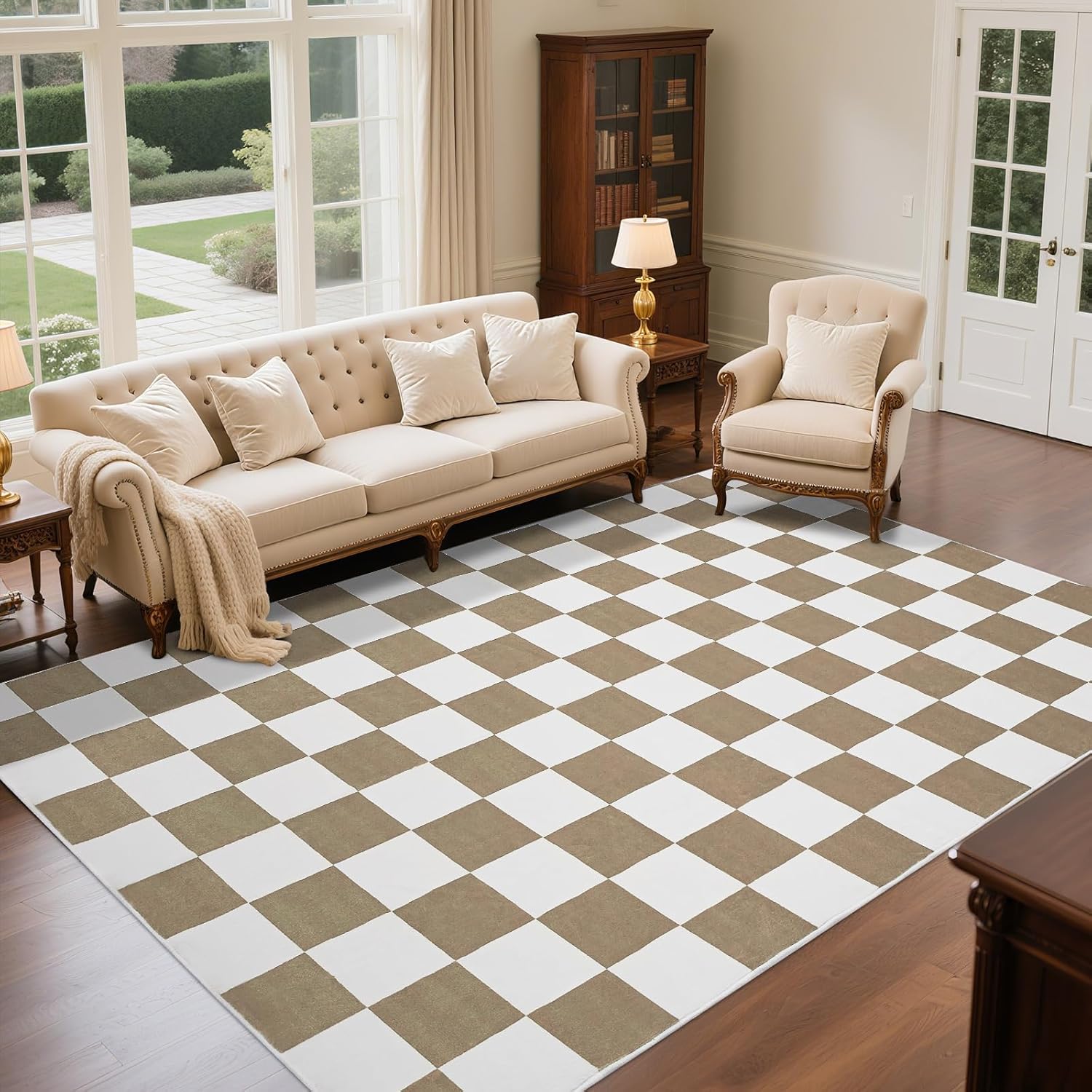 Washable Checkered Rug, 5x7 ft Beige and White Area Rug